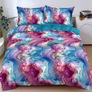 Lenjerie pat dublu cu Elastic, bumbac satinat, Albastru, Mov, abstract