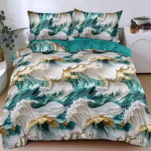 Lenjerie pat dublu cu Elastic, bumbac satinat, Verde, abstract