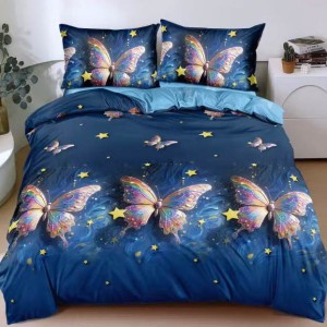 Lenjerie pat dublu cu Elastic, bumbac satinat, Albastru, fluturi Lenjerie pat dublu cu Elastic, bumbac satinat, Albastru, fluturi