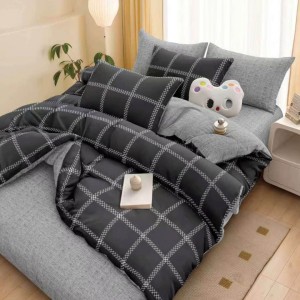 Lenjerie pat dublu cu Elastic, Gri, chenare, patrate