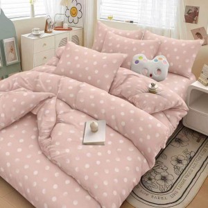 Lenjerie pat dublu cu Elastic, Roz prafuit, buline
