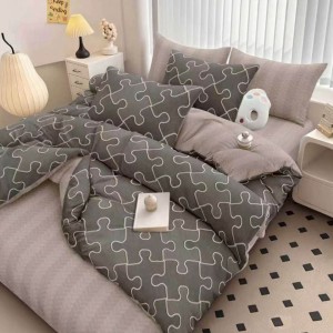 Lenjerie pat dublu cu Elastic, bumbac satinat, Gri, puzzle