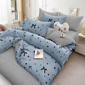 Lenjerie pat dublu cu Elastic, bumbac satinat, Albastru, fundite