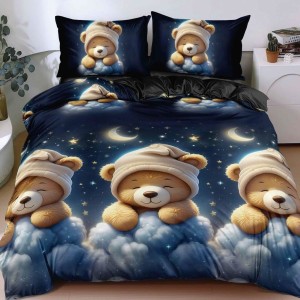 Lenjerie pat dublu cu Elastic, bumbac satinat, Albastru, ursuleti Lenjerie pat dublu cu Elastic, bumbac satinat, Albastru, ursuleti