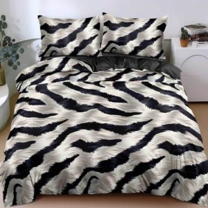 Lenjerie pat dublu cu Elastic, bumbac satinat, Gri, Negru, animal print