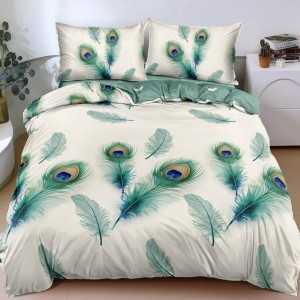 Lenjerie pat dublu cu Elastic, bumbac satinat, Alb, Verde, pene de paun