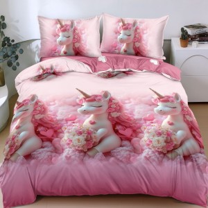 Lenjerie pat dublu cu Elastic, bumbac satinat, Roz, unicorni