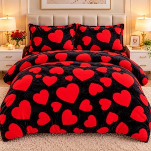 Lenjerie pat dublu, Super Pufoasa COCOLINO, 4 piese, Negru, Inimioare