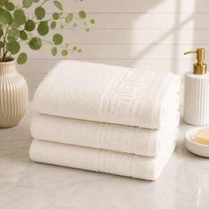 Set 3 prosoape mari, Greek Border, 70x130cm, din 100% bumbac pakistanez,  480g, Alb Unt