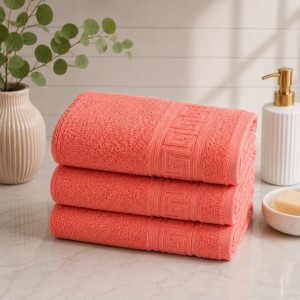 Set 3 prosoape mari, Greek Border, 70x130cm, din 100% bumbac pakistanez,  480g, Corai
