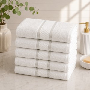 Set 5 prosoape medii, Line, 50x90cm, din 100% bumbac pakistanez,  400g, Alb