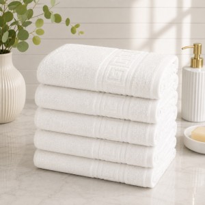 Set 5 prosoape medii, Greek Border, 50x90cm, din 100% bumbac pakistanez,  480g, Alb
