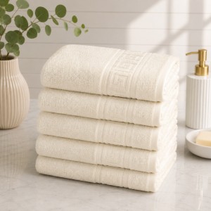 Set 5 prosoape medii, Greek Border, 50x90cm, din 100% bumbac pakistanez,  480g, Alb Unt