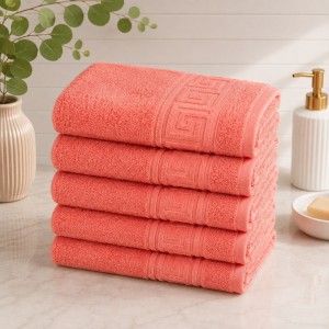 Set 5 prosoape medii, Greek Border, 50x90cm, din 100% bumbac pakistanez,  480g, Corai