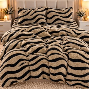 Lenjerie pat dublu, din Blanita COCOLINO Sherpa, cu ELASTIC, 4 piese, Cappuccino, Zebra Print
