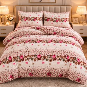 Lenjerie pat dublu, Super Pufoasa COCOLINO, 4 piese, Crem, flori Lenjerie pat dublu, Super Pufoasa COCOLINO, 4 piese, Crem, flori