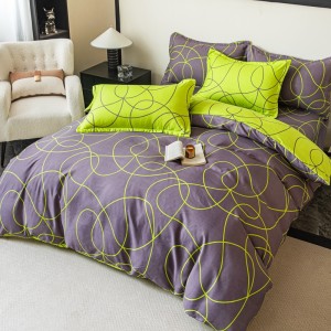 Lenjerie pat dublu,  FINET, 6 piese, cu ELASTIC, Jojo Home, Gri, Verde, Linii