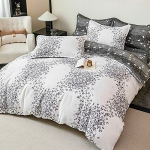 Lenjerie pat dublu,  FINET, 6 piese, cu ELASTIC, Jojo Home, Alb, Gri, Fluturi