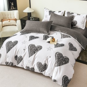Lenjerie pat dublu,  FINET, 6 piese, cu ELASTIC, Jojo Home, Alb, Gri, Inimioare si Stele