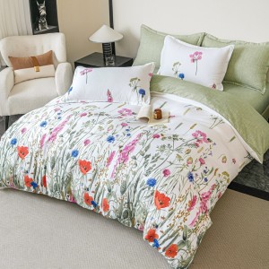 Lenjerie pat dublu,  FINET, 6 piese, cu ELASTIC, Jojo Home, Alb, Vernil, Flori de Camp