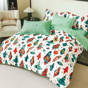 Lenjerie pat dublu,  FINET, 6 piese, cu ELASTIC, Jojo Home, Alb, Vernil, Rachete