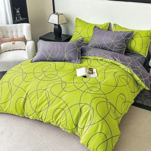 Lenjerie pat dublu,  FINET, 6 piese, cu ELASTIC, Jojo Home, Verde, Gri, Linii