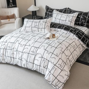 Lenjerie pat dublu,  FINET, 6 piese, cu ELASTIC, Jojo Home, Alb, Negru, Pisici