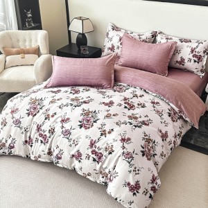 Lenjerie pat dublu,  FINET, 6 piese, cu ELASTIC, Jojo Home, Alb, Mov, Bujori