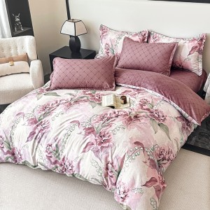 Lenjerie pat dublu,  FINET, 6 piese, cu ELASTIC, Jojo Home, Alb, Mov, Bujori si Lacramioare