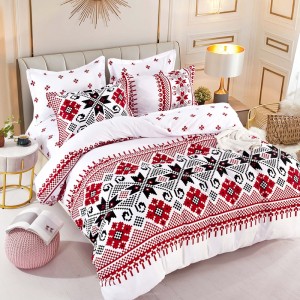 Lenjerie pat dublu,  FINET, 6 piese, Jojo Home, Alb, Negru, Rosu, Model Traditional