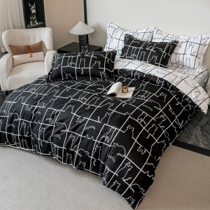 Lenjerie pat dublu,  FINET, 6 piese, Jojo Home, Negru, Alb, Pisici