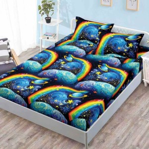 Cearsaf cu elastic, FINET, 180x200cm, 2 fete de perne 50x70cm, Albastru, curcubeu, galaxii