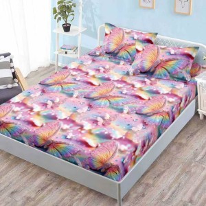 Cearsaf cu elastic, FINET, 180x200cm, 2 fete de perne 50x70cm, Roz, fluturi