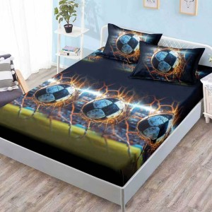 Cearsaf cu elastic, FINET, 180x200cm, 2 fete de perne 50x70cm, Negru, Verde, mingii de fotbal