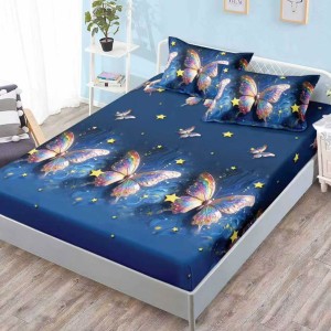 Cearsaf cu elastic, FINET, 180x200cm, 2 fete de perne 50x70cm, Albastru, fluturi