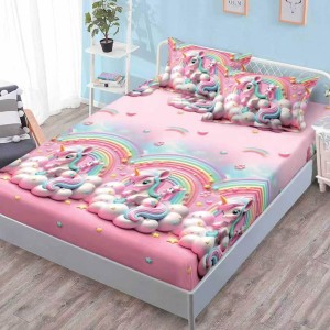 Cearsaf cu elastic, FINET, 180x200cm, 2 fete de perne 50x70cm, Roz, unicorni si curcubeu