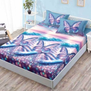 Cearsaf cu elastic, FINET, 180x200cm, 2 fete de perne 50x70cm, Bleu, fluturi