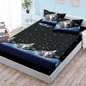 Cearsaf cu elastic, FINET, 180x200cm, 2 fete de perne 50x70cm, Negru, pisicute si stelute