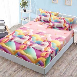 Cearsaf cu elastic, FINET, 180x200cm, 2 fete de perne 50x70cm, Roz, unicorni