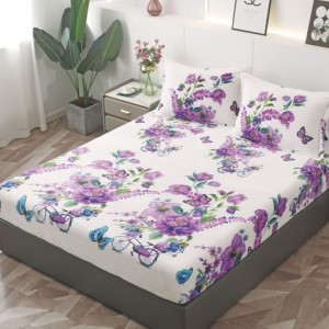 Cearsaf / Husa cu Elastic Cocolino 180x200cm si 2 fete de perna 50x70cm, Alb, Mov, flori, biciclete