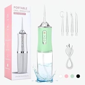 Irigator Bucal Profesional, Dus Bucal Portabil, 4 Capete, 3 Moduri de Curatare, Rezervor 230ml, Verde Irigator Bucal Profesional, Dus Bucal Portabil, 4 Capete, 3 Moduri de Curatare, Rezervor 230ml, Verde