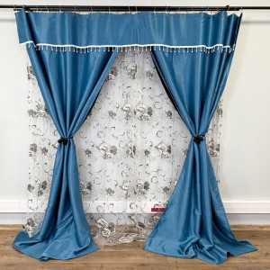 Set 3 metri de 2 bucati de Draperie BlackOut, Pearls, 150cm latime x 270cm înălțime, cu rejansa pt sina, Albastru cu Sclipici