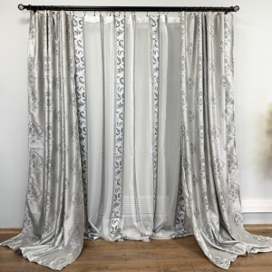 Set 2 Draperii Jacquard, Royal, 150cm latime x 270cm înălțime, Gri mediu + Perdea 400cm latime x 270cm inaltime, din Matase Imprimata, Pene Gri