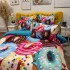 Lenjerie pat dublu, FINET, Imprimeu Digital 5D - Identic cu poza, Cu ELASTIC, 6 piese, Pucioasa, Multicolor, donuts [8]