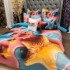 Lenjerie pat dublu, FINET, Imprimeu Digital 5D - Identic cu poza, Cu ELASTIC, 6 piese, Pucioasa, Roz, Bleu stelute pufoase [11]