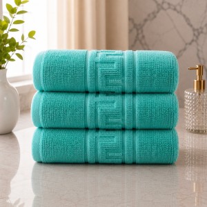 Set 3 prosoape mari, Greek Border, 70x130cm, din 100% bumbac pakistanez,  480g, Turquoise
