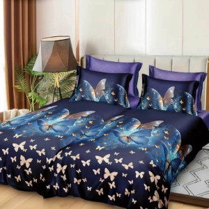 Lenjerie de pat cu 2 cearsafuri pt. pilota, 7 piese, Bumbac Satinat Superior,, Albastru, fluturi