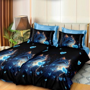 Lenjerie de pat cu 2 cearsafuri pt. pilota, 7 piese, Bumbac Satinat Superior,, Negru, Albastru, pisicute si inimioare