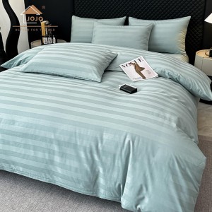 Lenjerie de Pat HoReCa DeLuxe, Damasc Premium din Bumbac Egiptean 100% , 6 Piese, Dunga Lata Tesuta, Cearceaf cu Elastic, Aqua