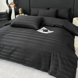 Lenjerie de Pat HoReCa DeLuxe, Damasc Premium din Bumbac Egiptean 100% , 6 Piese, Dunga Lata Tesuta, Cearceaf cu Elastic, Negru